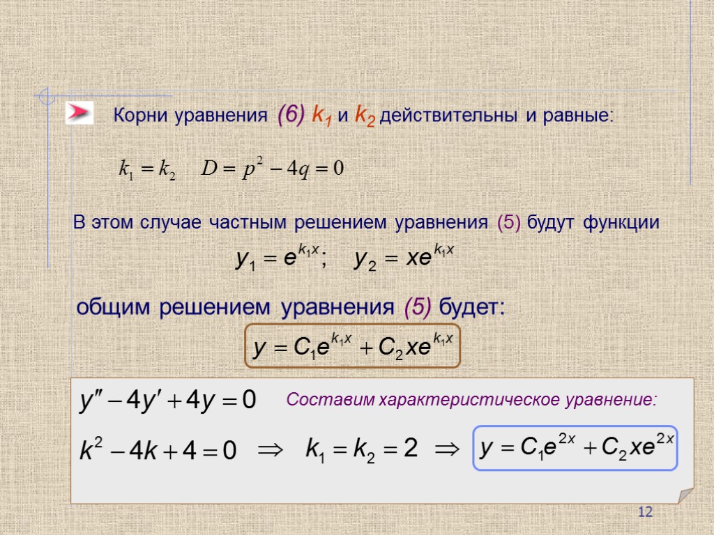 Корни уравнения (6) k1 и k2 действительны и равные: В этом случае частным решением